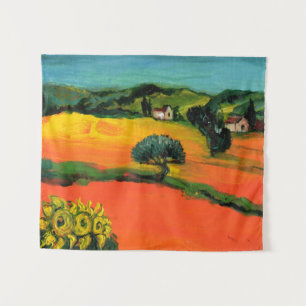 TUSCANY LANDSCAPE WITH SUNFLOWERS IN RED ORANGE TAPESTRY