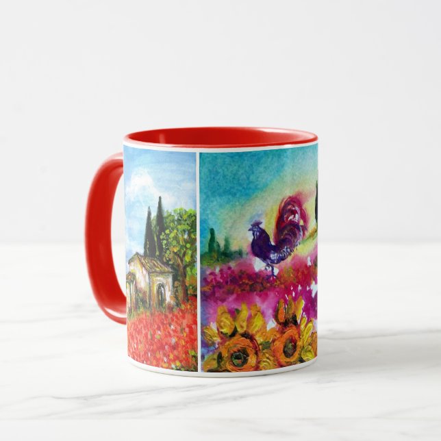 TUSCANY LANDSCAPES, SUNFLOWERS, BLACK ROOSTER MUG (Front Left)