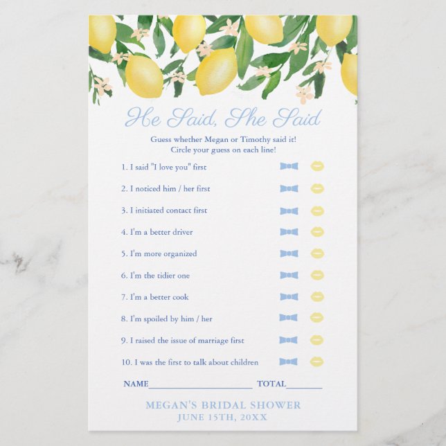 Tuscany Lemon He Said She Said Wedding Shower Game Flyer (Front)