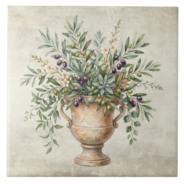 Tuscany Mediterranean Urn Olives Rustic  Ceramic Tile (Front)