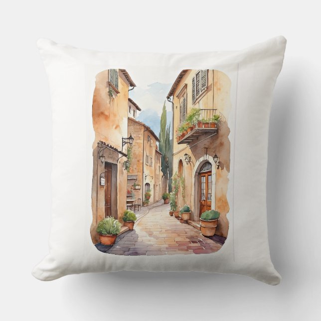 Tuscany street watercolor illustration cushion (Front)