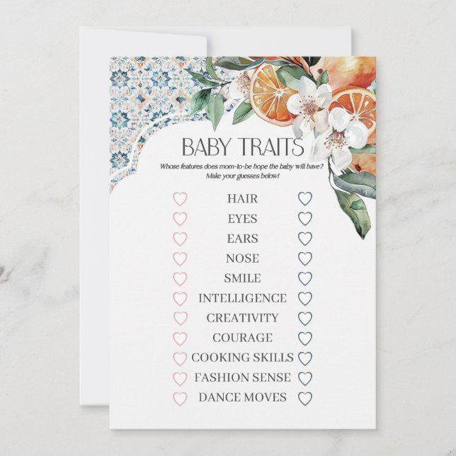 Tuscany Tile Coastal Italian Baby Traits Game Invitation (Front)