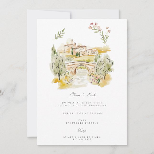 Tuscany Watercolor Italian Engagement Invitation (Front)