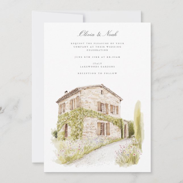 Tuscany Watercolor Italian Wedding Invitation Card (Front)
