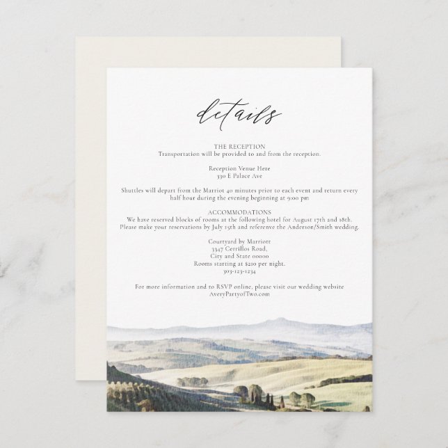TUSCANY Watercolor Skyline Travel Details Card (Front/Back)