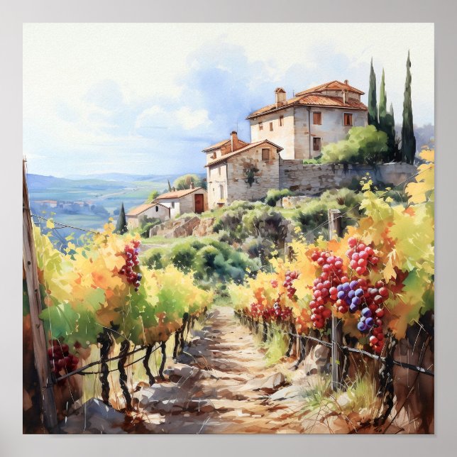Tuscany Winery Watercolor Art Poster (Front)