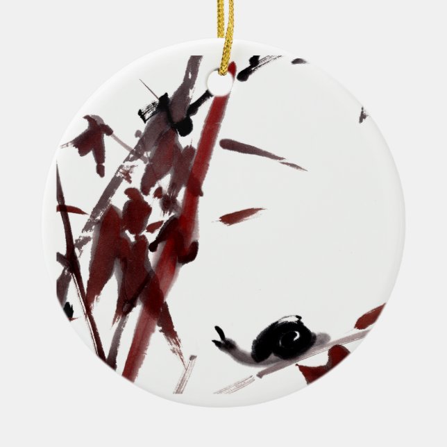 Tuschekunst mit Schnecke und Rotem Bambus Ceramic Ornament (Front)