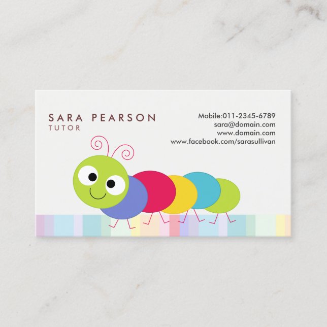 Tutor Cute Colourful Caterpillar Business Card (Front)