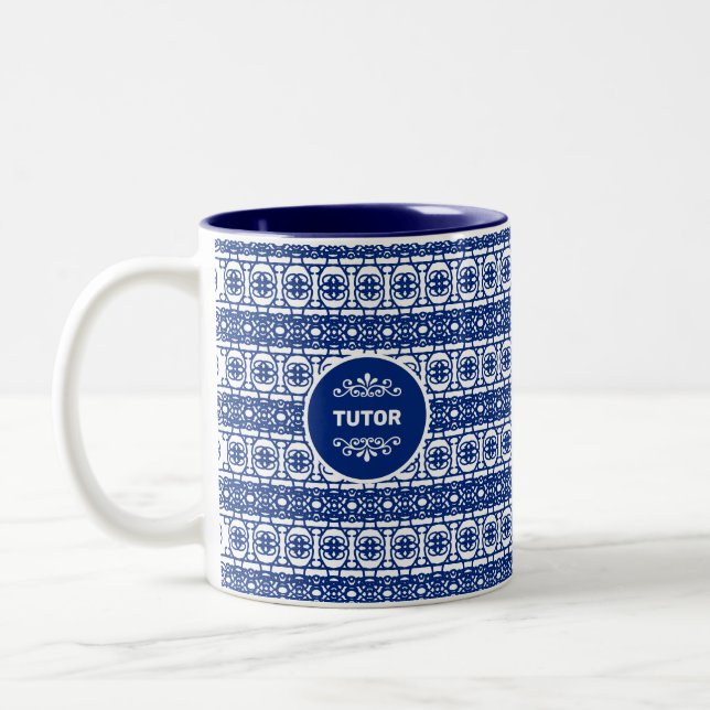 Tutor on Stylish Abstract Pattern in Blue & White  Two-Tone Coffee Mug (Left)
