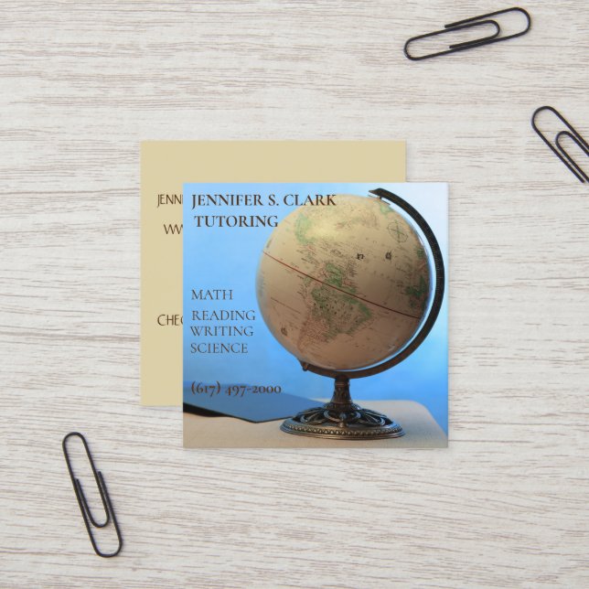 Tutor/ Teacher/ Educator Globe & Book  Square Business Card (Front/Back In Situ)