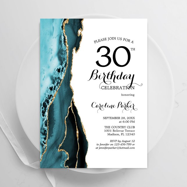 Tutrquoise Agate White Gold 30th Birthday Invitation (Creator Uploaded)