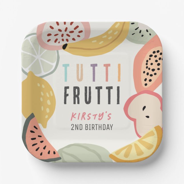 Tutti Frutti Colourful Fruit 2nd Birthday Paper Plate (Front)