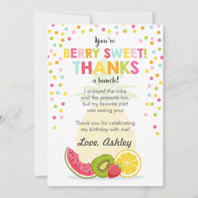 Tutti Frutti Party Fruit birthday Thank You Card (Front)