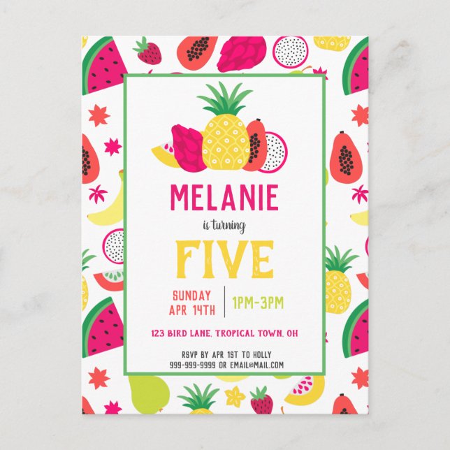 Tutti Frutti Tropical Fruit Birthday Party Invitation Postcard (Front)