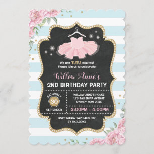Tutu Ballerina Blue Pink Gold Birthday Invite