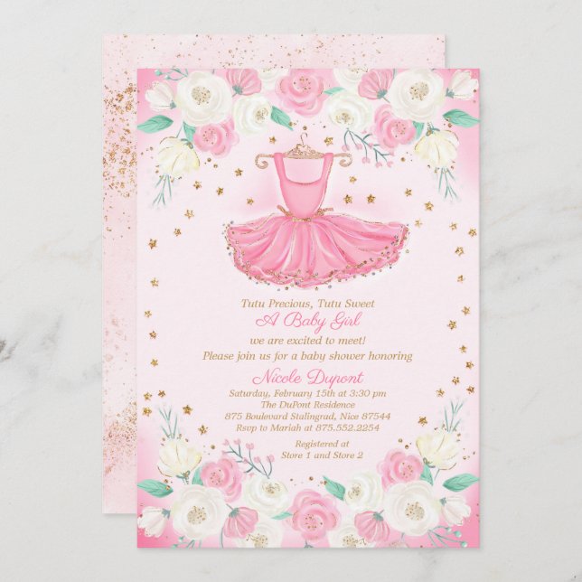 Tutu Ballerina Dress Glitter Baby Shower Invitation (Front/Back)