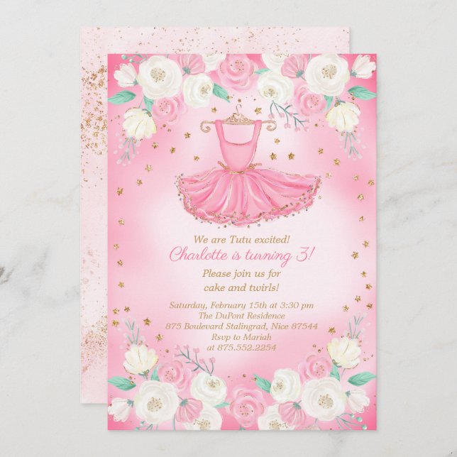 Tutu Ballerina Dress Glitter Birthday Invitation (Front/Back)