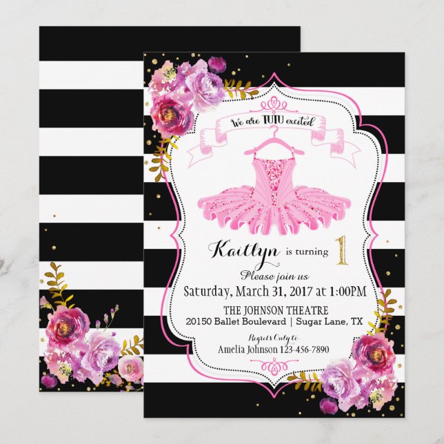 Tutu Ballerina Floral Sparkle First Birthday Invitation (Front/Back)