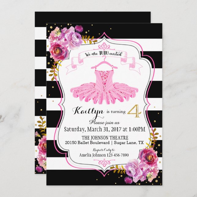 Tutu Ballerina Floral Sparkle Fourth Birthday Invitation (Front/Back)
