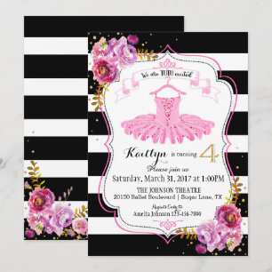 Tutu Ballerina Floral Sparkle Fourth Birthday Invitation