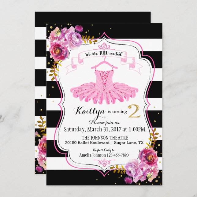 Tutu Ballerina Floral Sparkle Second Birthday Invitation (Front/Back)