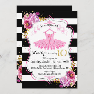 Tutu Ballerina Floral Sparkle Tenth Birthday Invitation