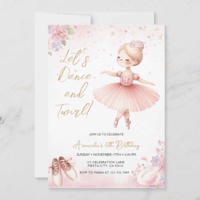 Tutu Ballerina Pink Floral Ballet Girl Birthday Invitation (Front)