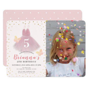 Tutu Ballerina Pink & Gold Girl Photo Birthday Invitation