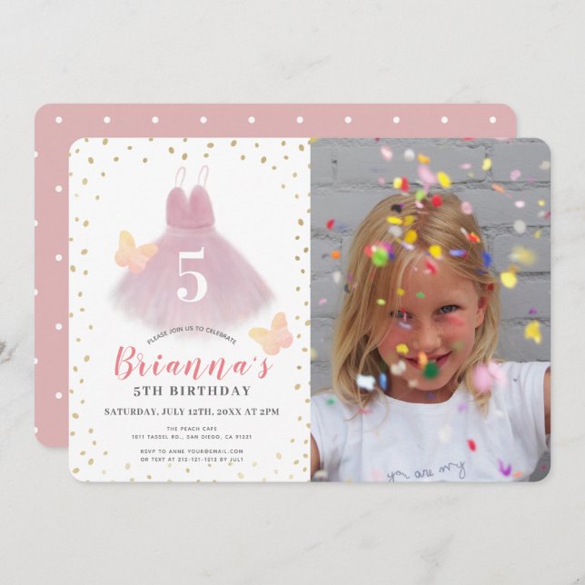 Tutu Ballerina Pink & White Girl Photo Birthday Invitation (Front/Back)