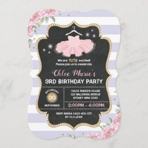 Tutu Ballerina Purple Gold Floral Birthday Invite