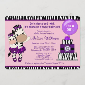 TuTu Cute Baby Shower ZEBRA Lavendar Purple 085 Invitation