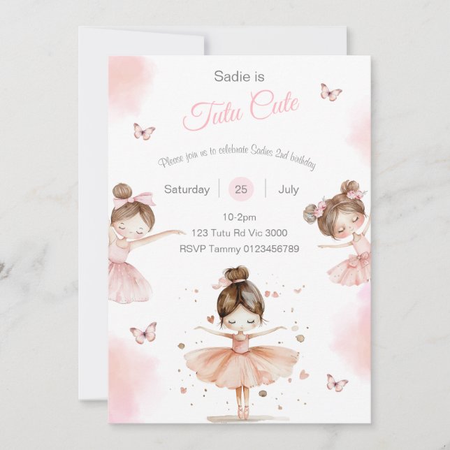 Tutu Cute ballerina 2nd birthday invitation (Front)