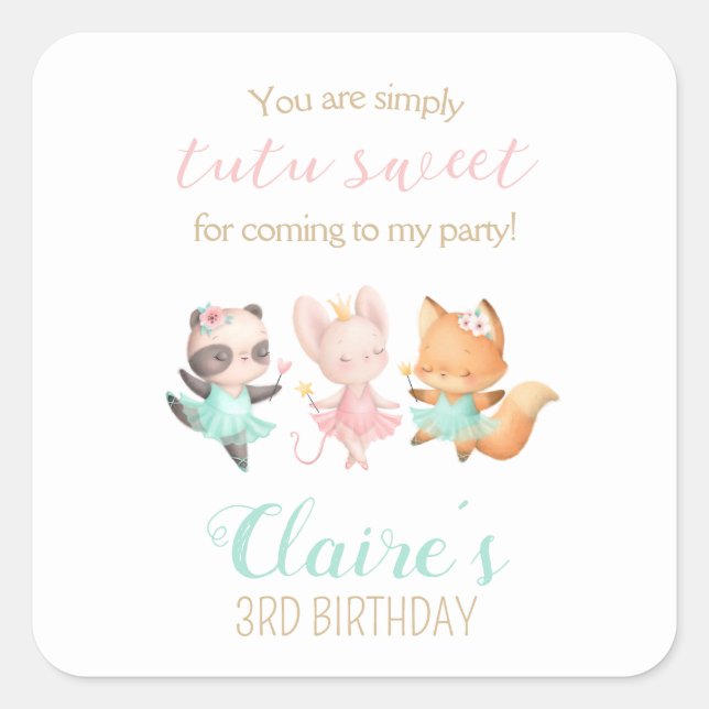 Tutu Cute Ballerina Animal birthday party favour  Square Sticker (Front)