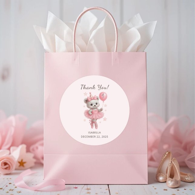 Tutu Cute Ballerina Bear 1st Birthday Thank You  Classic Round Sticker (Creator Uploaded)
