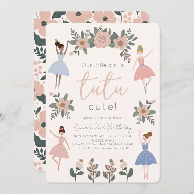 Tutu Cute Ballerina Floral Girl 2nd Birthday Invitation (Front/Back)