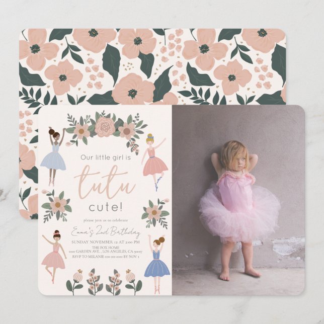 Tutu Cute Ballerina Floral Girl Photo 2nd Birthday Invitation (Front/Back)