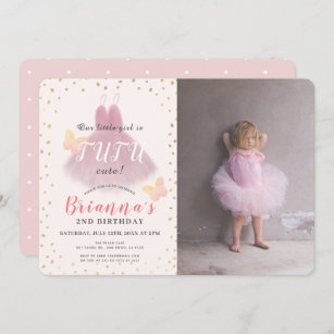 Tutu Cute Ballerina Pink & Gold Photo 2nd Birthday Invitation