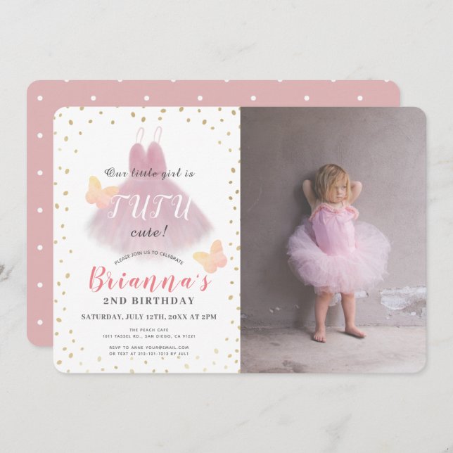 Tutu Cute Ballerina Pink & Whit Photo 2nd Birthday Invitation (Front/Back)
