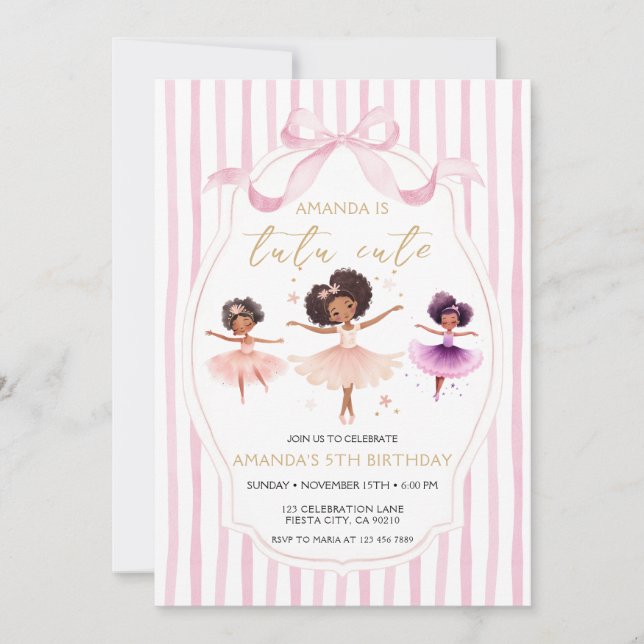 Tutu Cute Birthday Ballerina Pink Bow Invitation (Front)