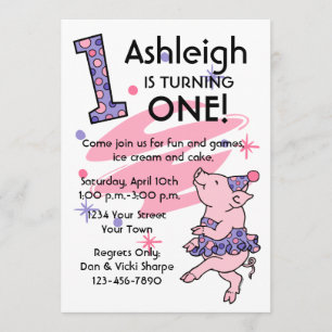 Tutu Piggy 1st Birthday Custom Invitations