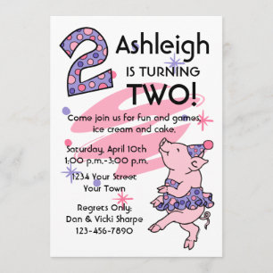 Tutu Piggy 2nd Birthday Custom Invitations