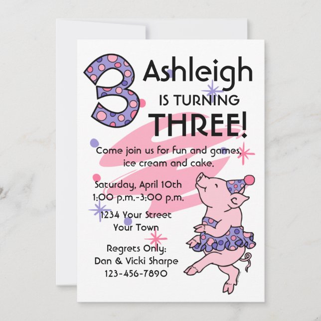 Tutu Piggy 3rd Birthday Custom Invitations (Front)