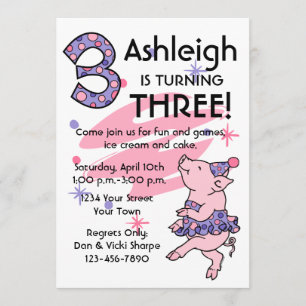 Tutu Piggy 3rd Birthday Custom Invitations
