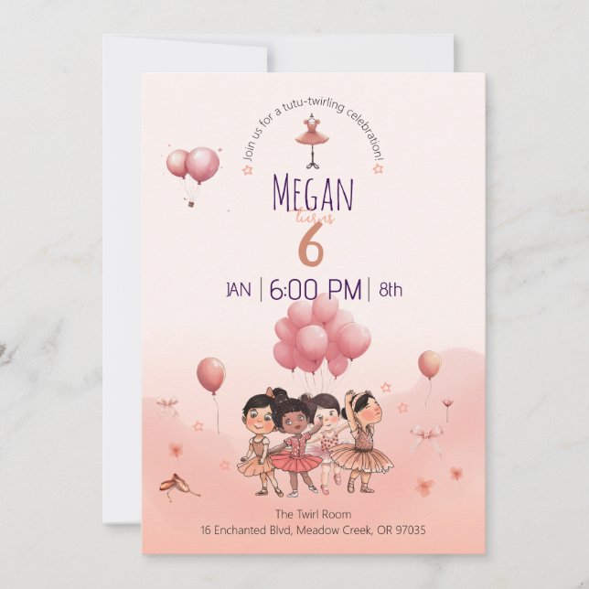 Tutu Twirling Ballet, Diverse Ballerina Birthday Invitation (Front)