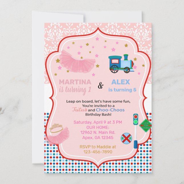 Tutus and trains siblings birthday invitation. invitation (Front)