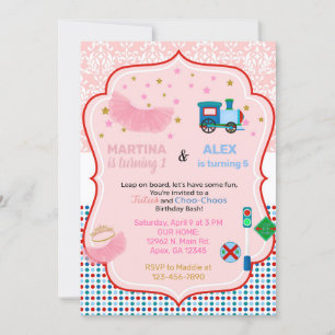 Tutus and trains siblings birthday invitation. invitation
