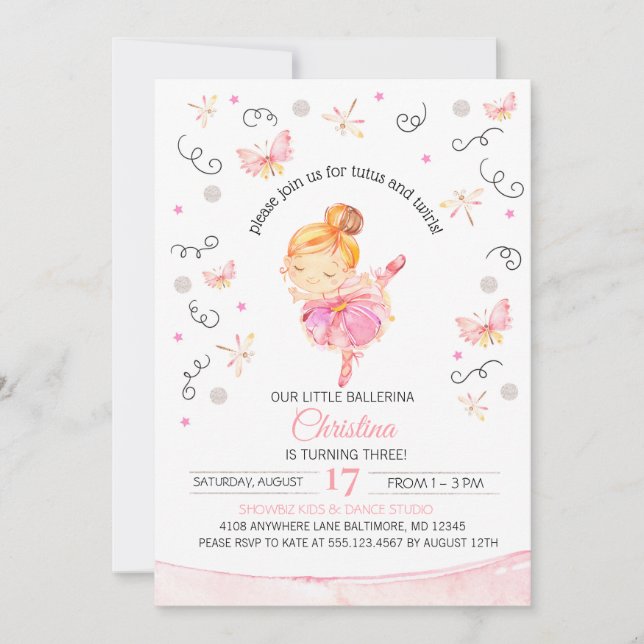 Tutu's and Twirls Ballerina Birthday Invitation (Front)