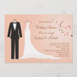Tux & Gown, cherry blossom Couple's Bridal Shower Invitation