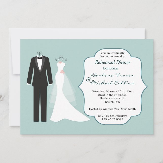 Tuxedo and gown Rehearsal Dinner Invitation (Front)