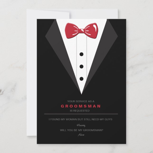 Tuxedo and Red Bow Tie Groomsman Request Card (Front)